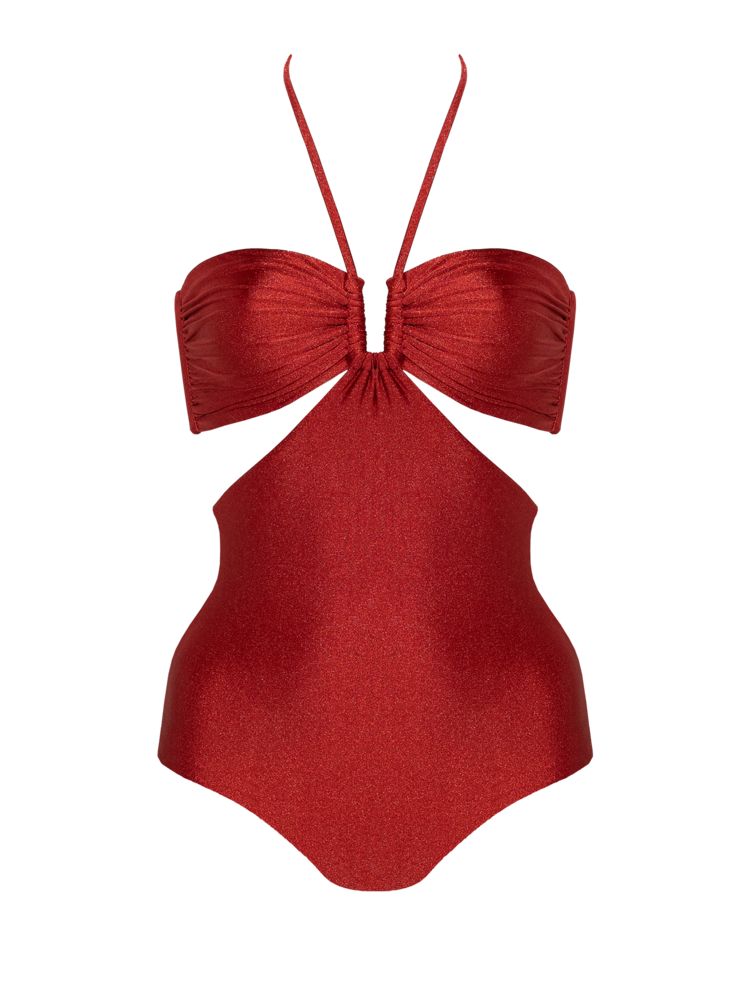 Second Skin | Shimmer ~ The Island Halter One Piece - Garnet Red