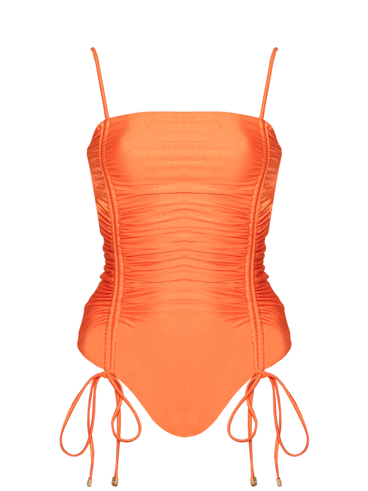 Second Skin | Shimmer ~ Ribbon-tie Ruched One-piece Swimsuit - Tiger Orange