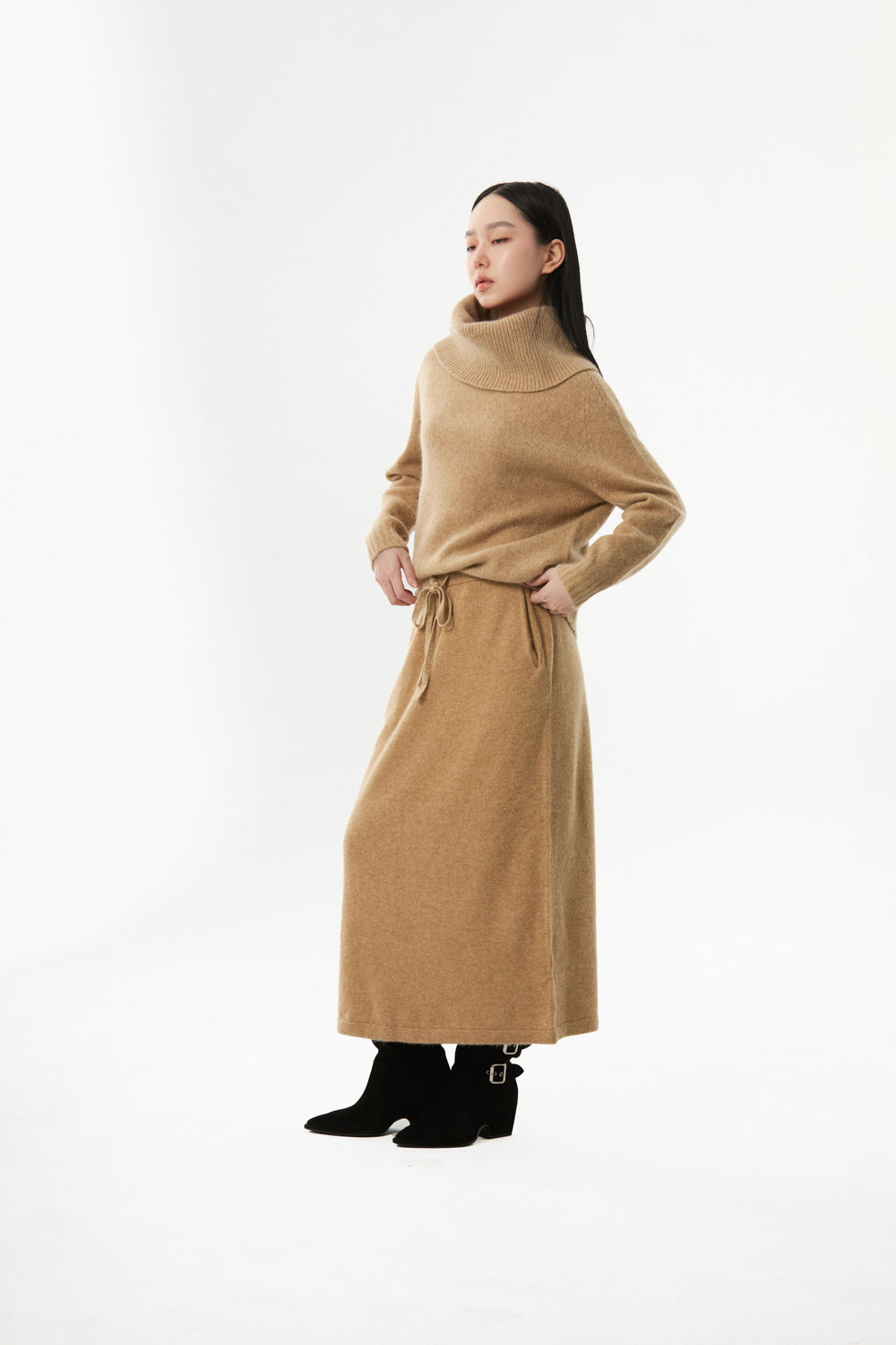 Second Skin ~ Yak Wool Knit Drawstring A-Line Skirt - Tan