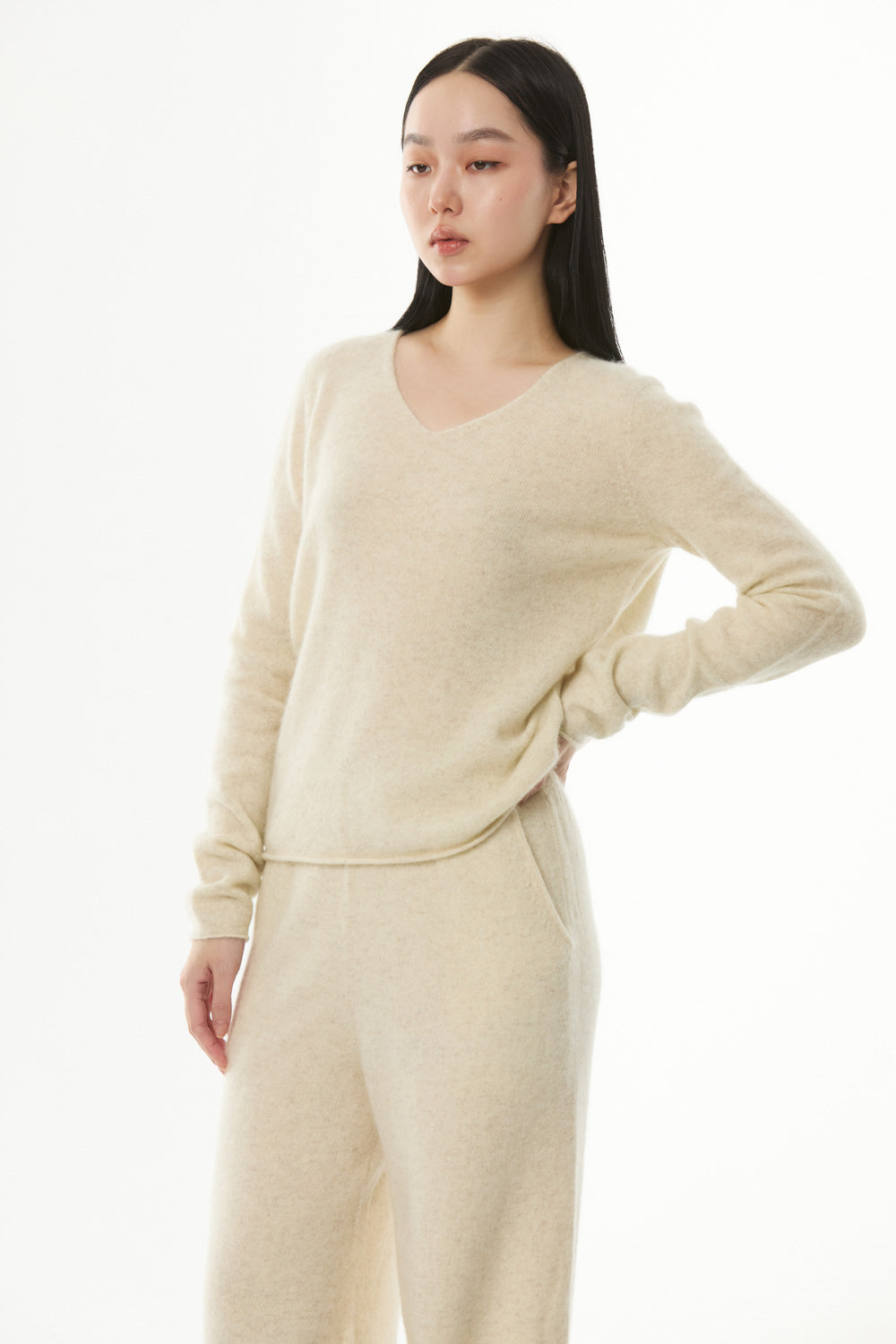 Second Skin ~ Yak Wool Knit V-Neck Top - Beige