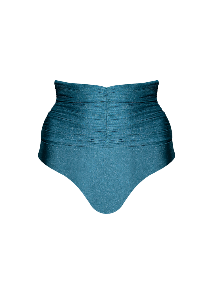 Second Skin | Shimmer ~ Super High-Waisted Ruched Bikini Bottom - Tourmaline Teal