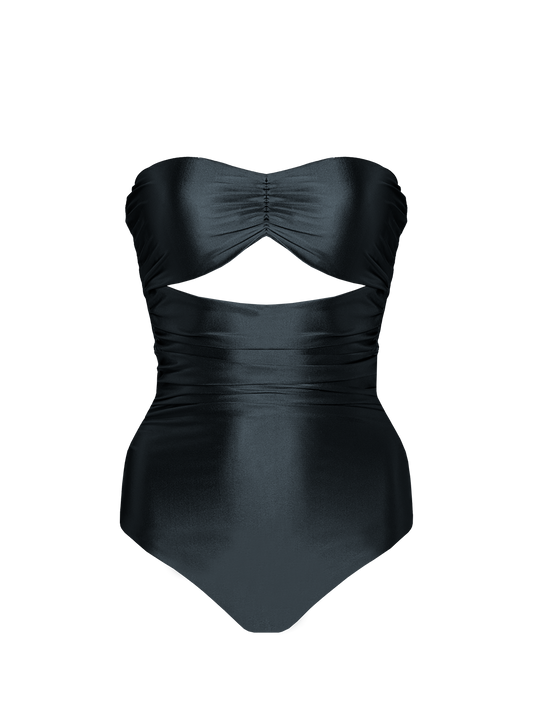 Second Skin | Satiny ~ Sweetheart Ruched One-piece - Onyx Black