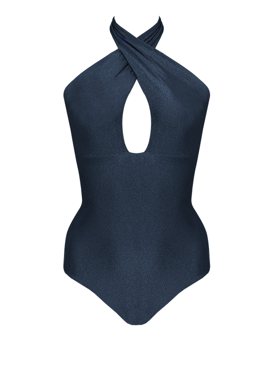 Peachi x HÁI ~ Criss Cross Halterneck One-piece Swimsuit - Midnight Blue