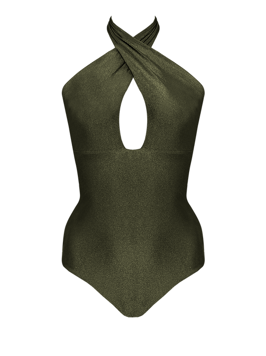 Second Skin | Shimmer ~ Criss Cross Halterneck One-piece Swimsuit - Emerald Green