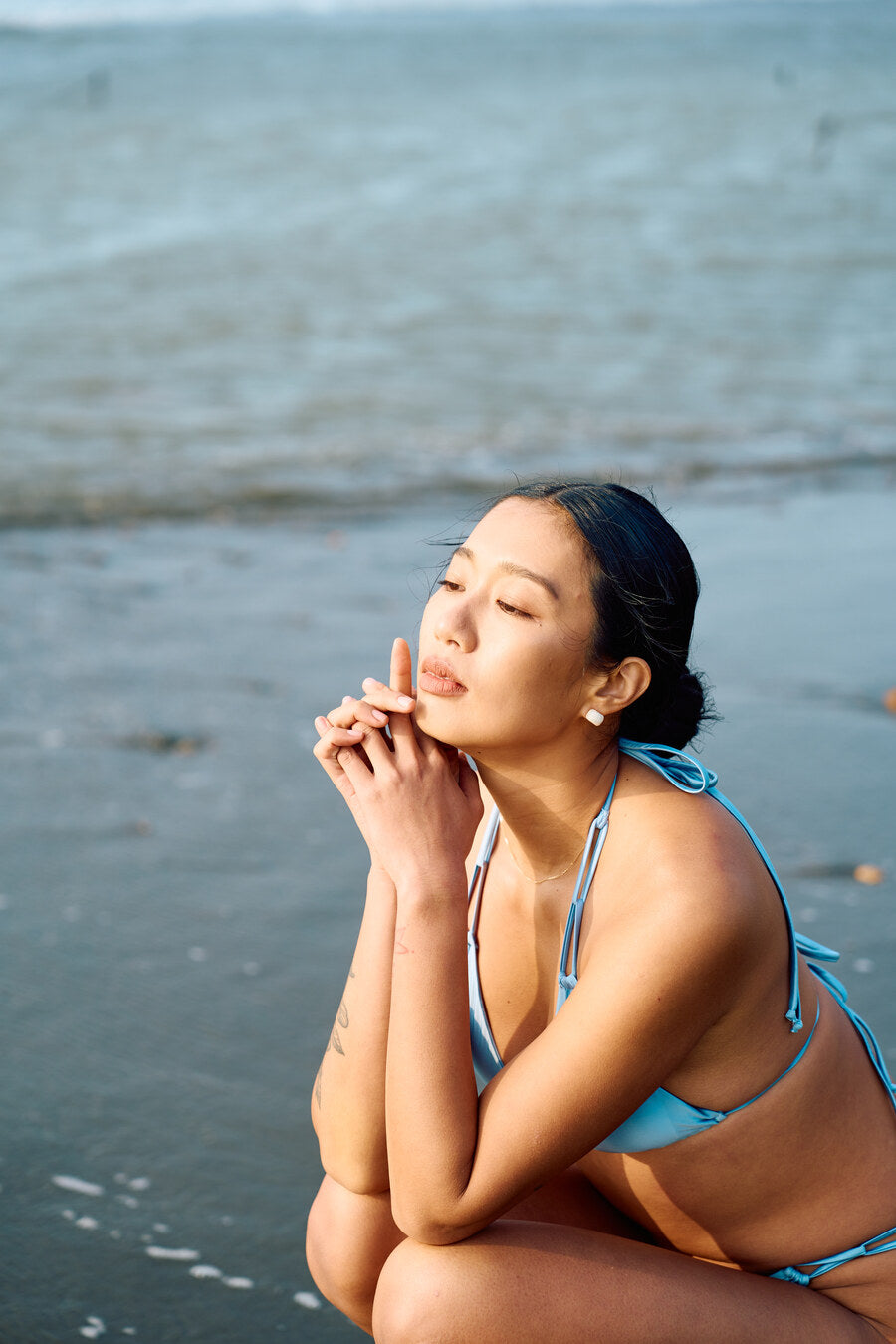 Second Skin | Satiny ~ Triangle Bikini Top with Hoops - Gentle Blue