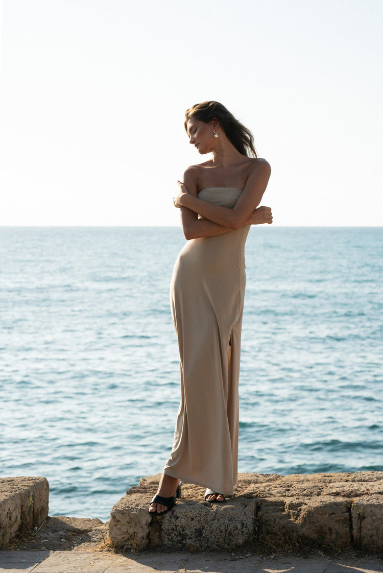 The Eco Edit ~ Strapless Cut-off Maxi Dress - Tiki Mud