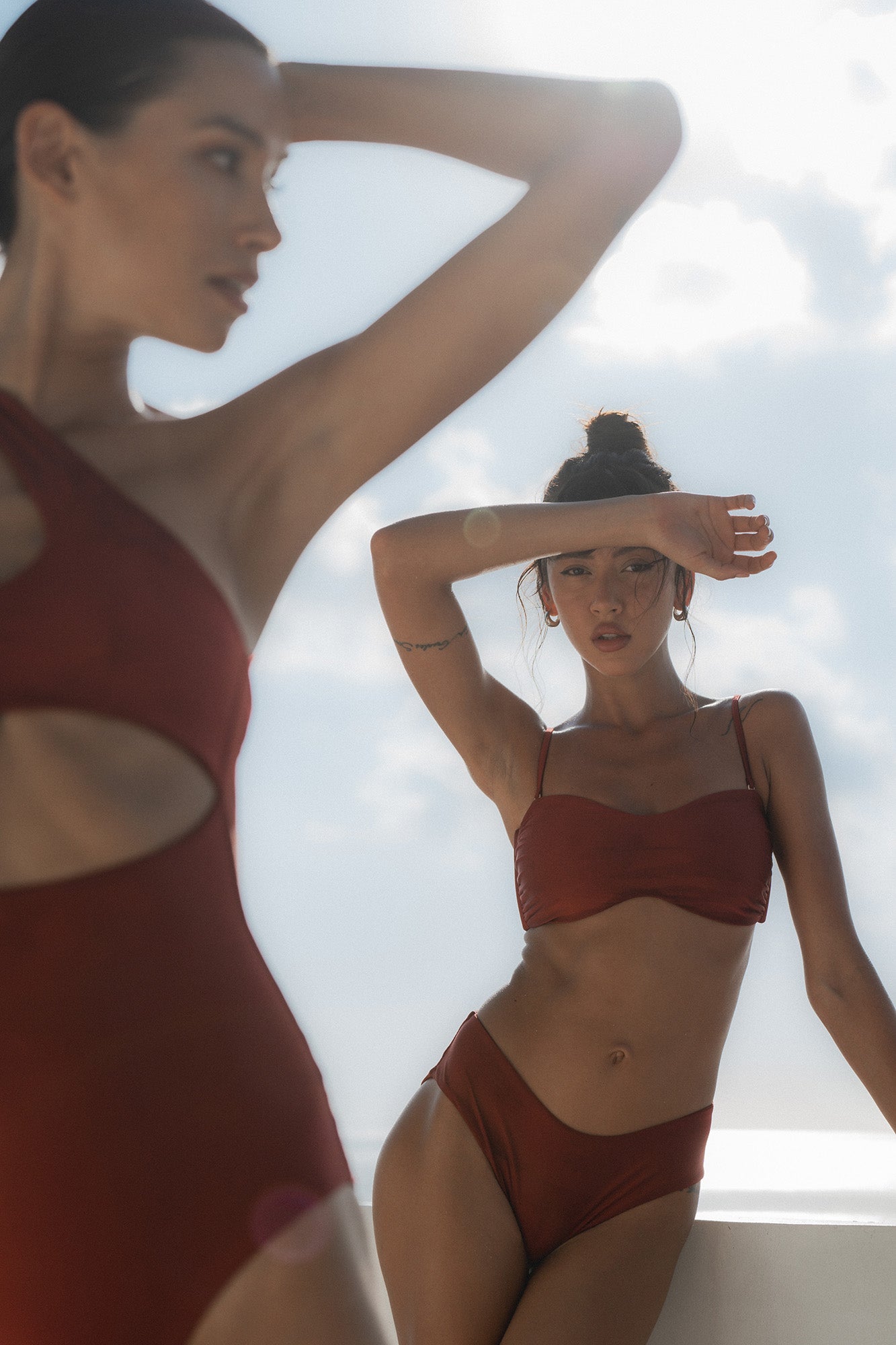 Second Skin | Shimmer ~ Spaghetti Strap Bandeau Bikini Top - Garnet Red