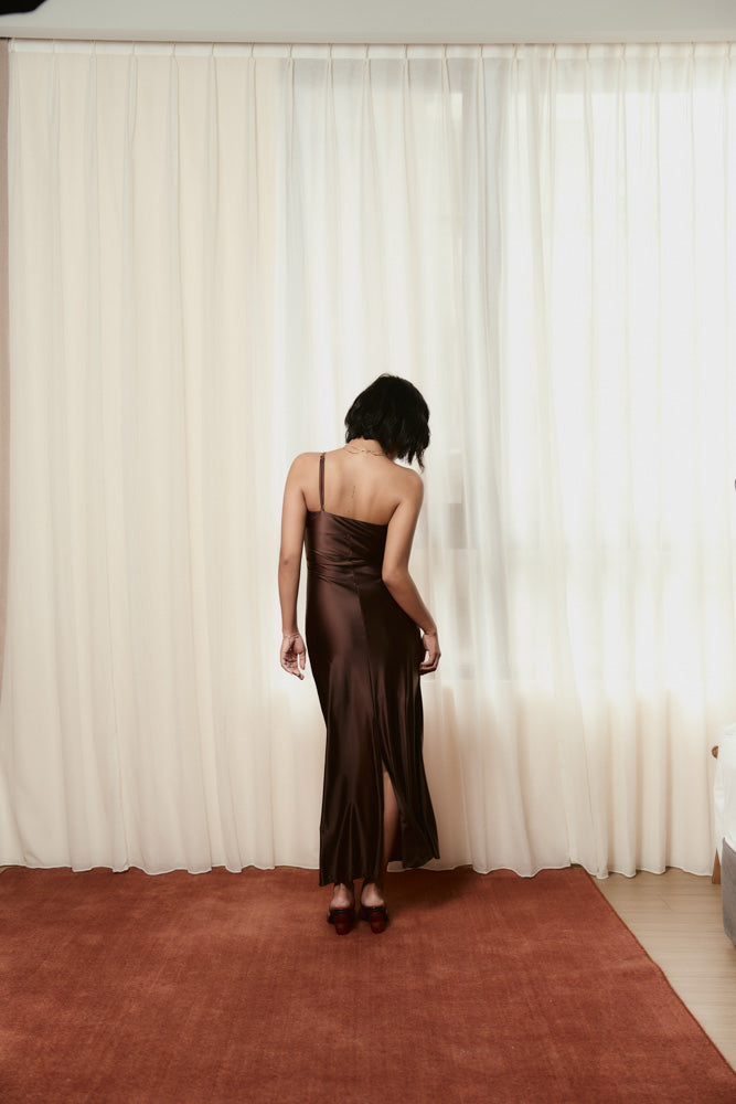 Andrea x HÁI - One-Shoulder Spaghetti Strap Maxi Dress - Maya Cocoa