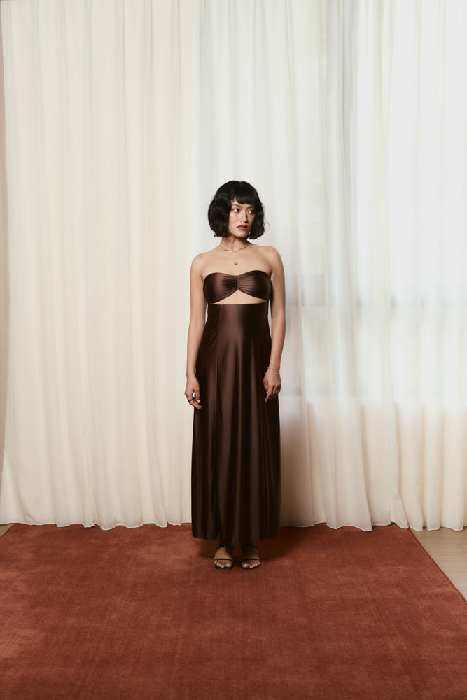 Andrea x HÁI ~ Sweetheart Ruched Maxi Dress - Maya Cocoa