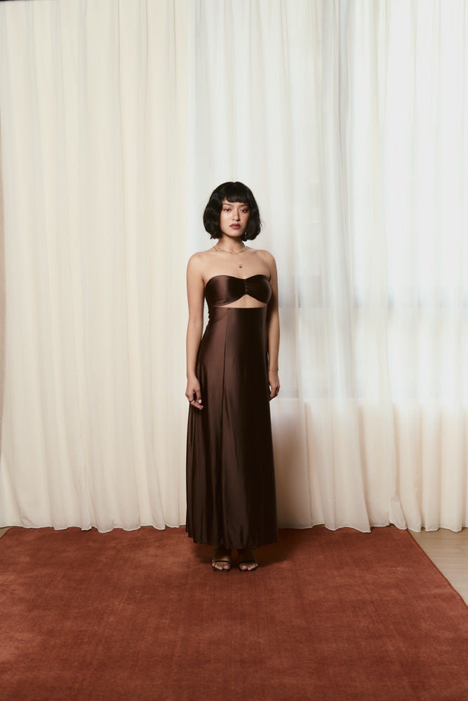 Andrea x HÁI ~ Sweetheart Ruched Maxi Dress - Maya Cocoa