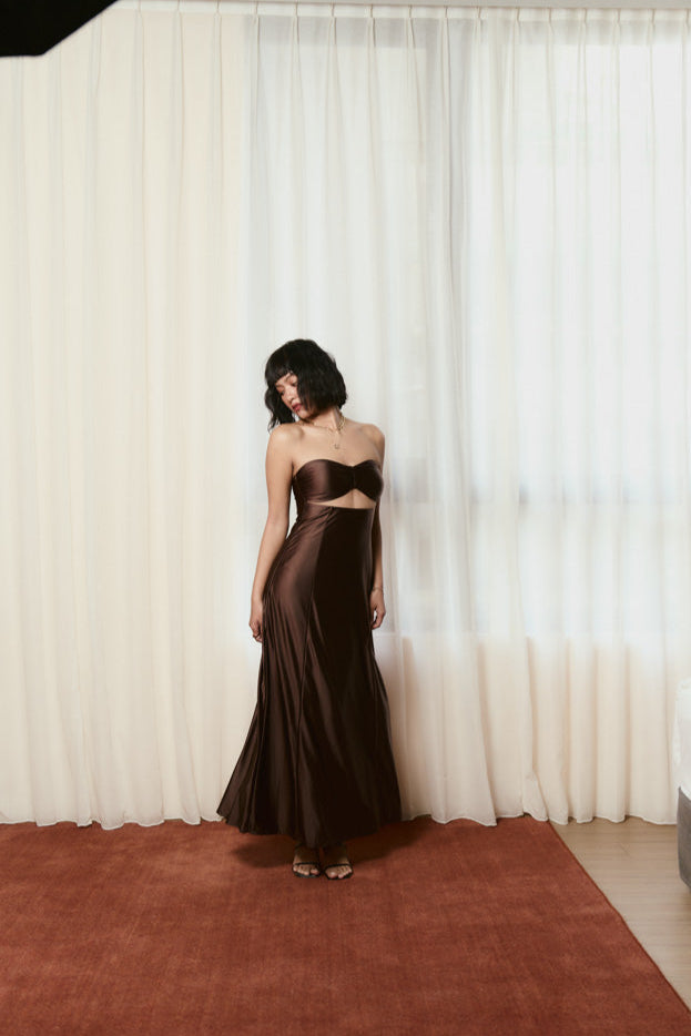 Andrea x HÁI ~ Sweetheart Ruched Maxi Dress - Maya Cocoa