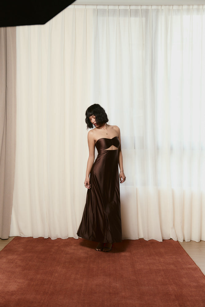 Andrea x HÁI ~ Sweetheart Ruched Maxi Dress - Maya Cocoa