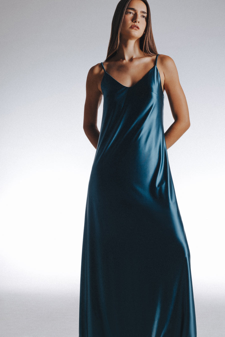 Second Skin|Satiny -High-Slit Plunge Padded Maxi Dress - Tourmaline Teal