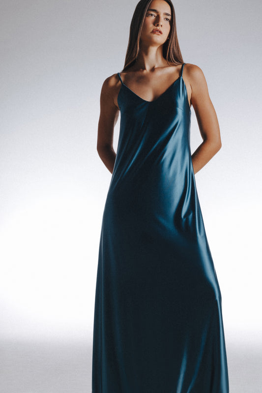 HAITELIER Second Skin|Satiny -High-Slit Plunge Padded Maxi Dress - Tourmaline Teal