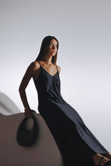 Second Skin|Satiny -High-Slit Plunge Padded Maxi Dress - Onyx Black