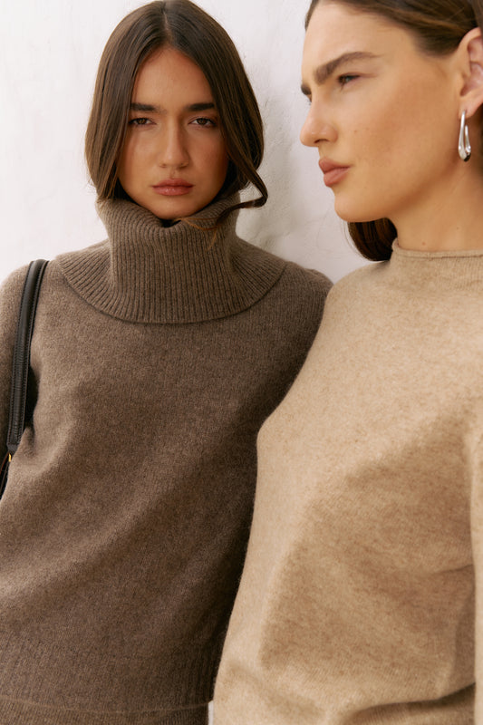 HAITELIER Second Skin ~ Yak Wool Knit Crew Neck Top - Tan